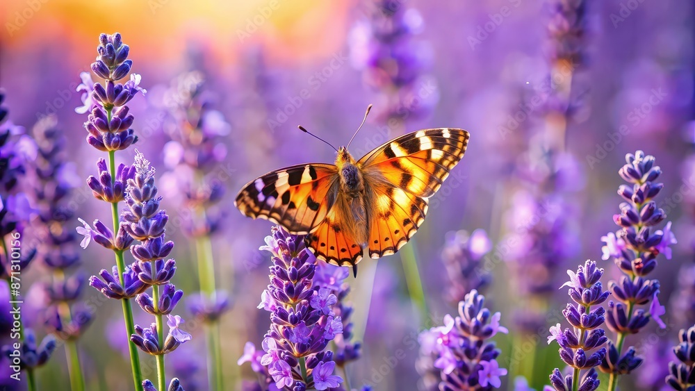 Poster Vibrant butterfly perched on blooming lavender flowers, vibrant, butterfly, lavender, flowers, nature, colorful, insect