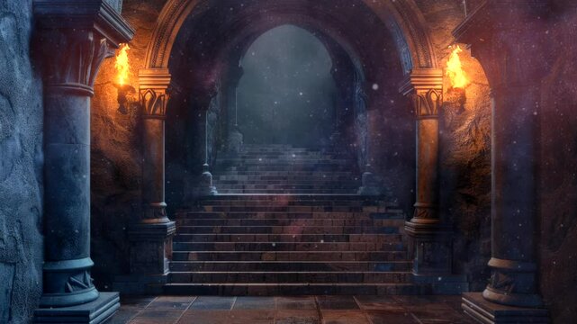 Mysterious Stone Staircase in an Ancient Castle video animation background Seamless looping time-lapse 4k quality