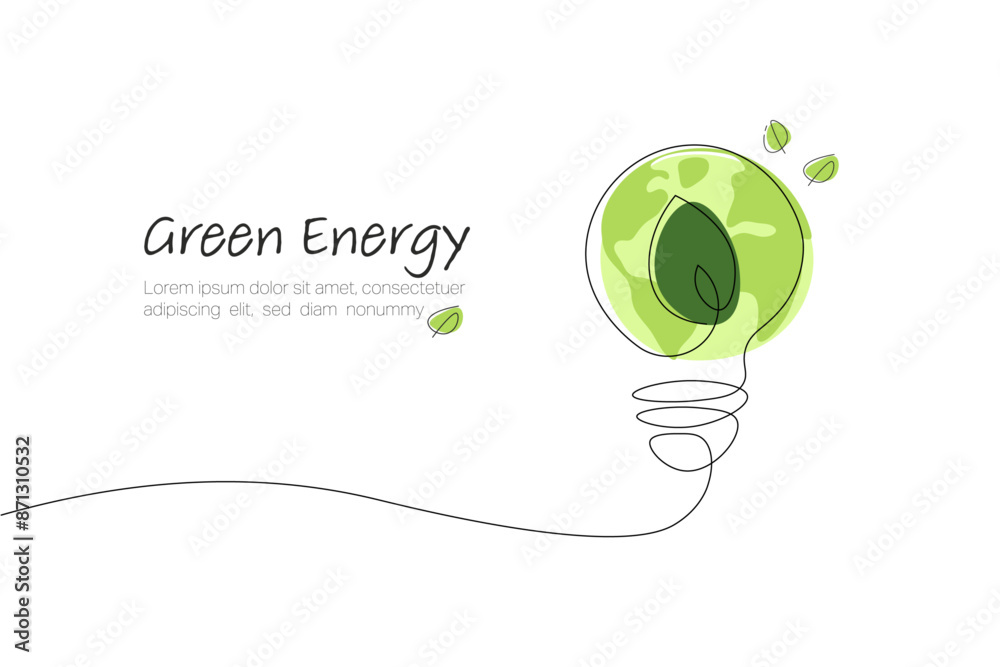 Poster light bulb. continuous line art drawing. green leaf in the lightbulb with the earth. ecology and env