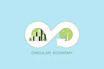 Circular economy concept. Green city and green energy. Growth business and environment sustainable devellopment. Flat Vector illustration.