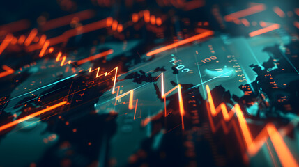 Obraz premium Growing upward arrows, map and forex chart on dark background. Global trends, trading and finance concept. 3D Rendering.