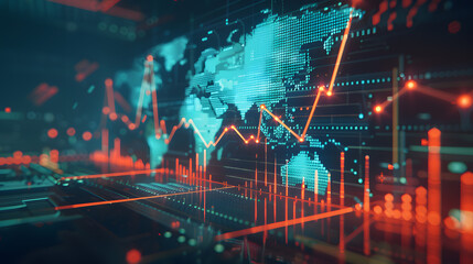 Growing upward arrows, map and forex chart on dark background. Global trends, trading and finance concept. 3D Rendering.