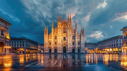 Fototapeta premium Illuminate the majestic architecture of a grand cathedral at twilight