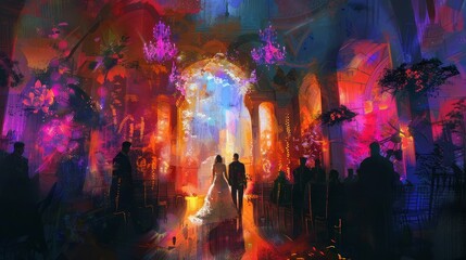 Online wedding ceremony with guests in virtual reality, futuristic and elegant, digital painting