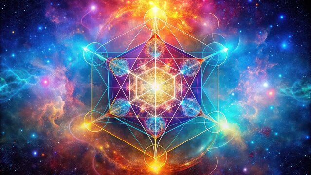 Metatron cube sacred sign overlay in vibrant galaxy colors, metatron cube, sacred geometry, galaxy, universe