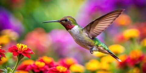 Fototapeta premium Beautiful hummingbird in mid-flight among vibrant flowers, hummingbird, flying, nature, wildlife, colorful, feathers, garden