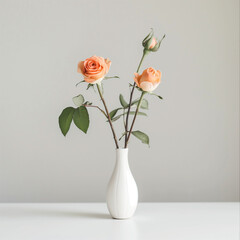 Delicate Pink Roses in White Ceramic Vase on Minimalist Background