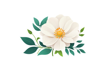 white hand drawn flower with green leaf