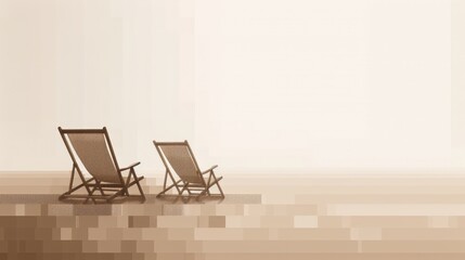Fototapeta premium Abstract pixel art of beach chairs near the sea, transitioning from sepia-toned memories to vibrant pixels, nostalgic and visually dynamic