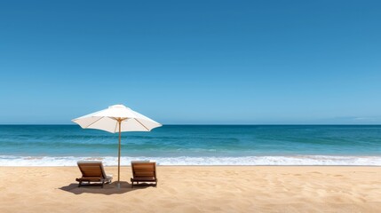 Beach scene with sun loungers, umbrella, and ocean waves, pristine paradise beach, clear skies, serene and picturesque