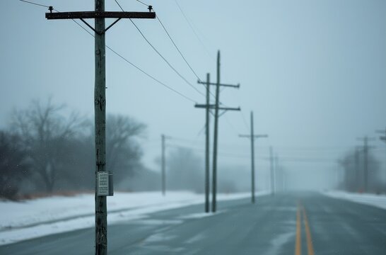 A desolate road stretches through a foggy, snowy landscape. Power lines stand tall against the gray sky, creating a sense of isolation.
