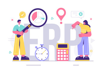 ERP Enterprise Resource Planning System Vector Illustration with Business Integration, Productivity, and Company Enhancement on a Flat Background