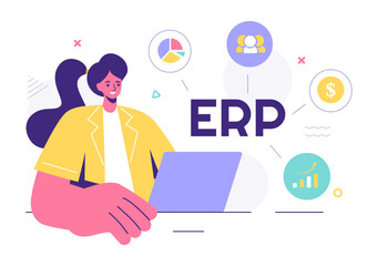 ERP Enterprise Resource Planning System Vector Illustration with Business Integration, Productivity, and Company Enhancement on a Flat Background