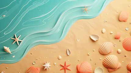 Top view 3D cartoon illustration sand sea and shells tropical beach, Flat lay minimal summer holiday vacation concept