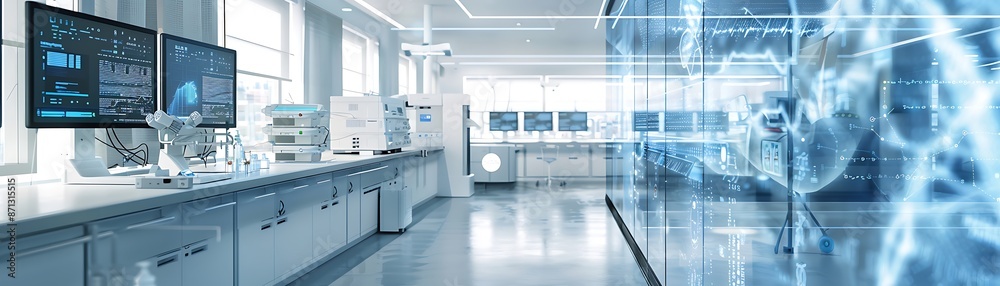Poster modern laboratory interior with high-tech equipment and data visualization