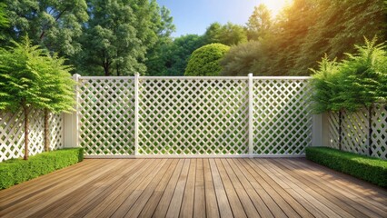 Obraz premium Serene white garden wall with 3D rendered wooden terrace floor and lattice fence surrounded by lush green nature backdrop.