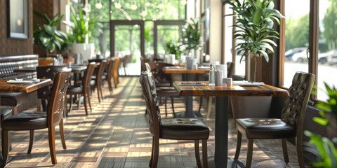Obraz premium Restaurant Interior with Wooden Tables and Leather Chairs