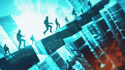 Conquering Challenges: Dynamic Abstract Business Obstacle Course with Silhouettes of People Overcoming Hurdles
