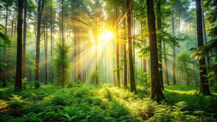 Fototapeta premium A soft, blurred background of a lush forest with sun shining through trees, forest, greenery, nature, outdoors, sunlight, serene