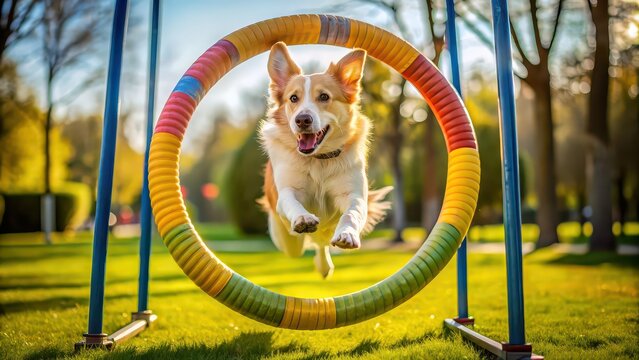 Enthusiastic dog leaping through a hoop during agility training in a park on a sunny day , Dog, Agility, Training, Park, Sunny
