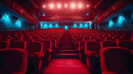 Empty red seats in an old-fashioned cinema hall with ambient lighting