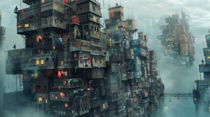 Surreal cityscape where buildings are made of stacked obstacles, with dedicated climbers reaching the top