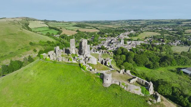 Ruins of Corfe Castle from a drone, Corfe Village, Purbeck Hills, Dorset, England, Europe