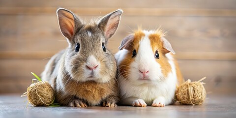Cute pet rabbit and guinea pig sitting together in a cozy home environment , animals, pets, mammal, friendship, adorable, cozy