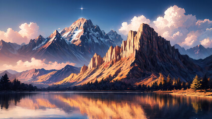 Obraz premium Watercolor Lake Scenery Landscape 