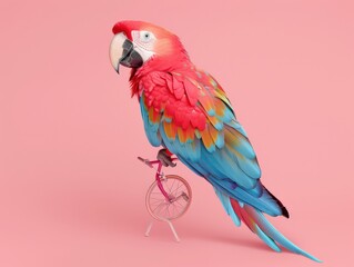 Fototapeta premium A colorful parrot perches on a miniature bicycle against a pink backdrop.