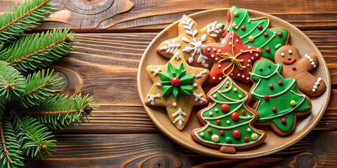 Fototapeta premium Delicious homemade Christmas cookies on a festive plate , holiday, baking, treats, sweets, traditional, decorations