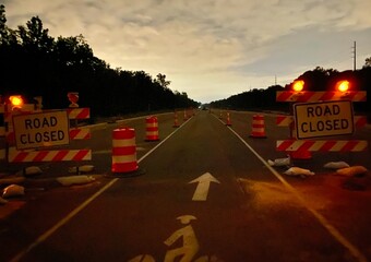 Road Closed Signs at Night, construction barriers, empty road
