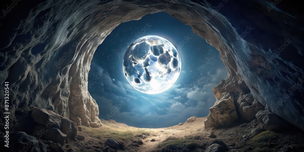 Sticker Moon shining brightly inside a dark cave , moon, cave, glowing, celestial, night, underground, mysterious, magical, beauty