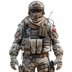 Obraz premium A soldier in a military uniform with a red patch on his chest