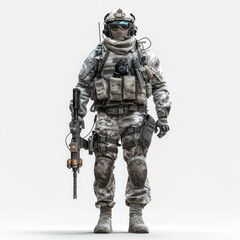 A soldier in a white uniform is holding a rifle and wearing a helmet