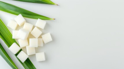Naklejka premium Top view composition of white sugar cubes with green sugar cane stalks, label clearly visible. Isolated background, studio lighting for high clarity