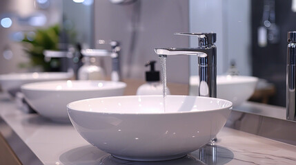 Modern Bathroom Sink with Running Water, concept of hygiene, cleanliness and water conservation