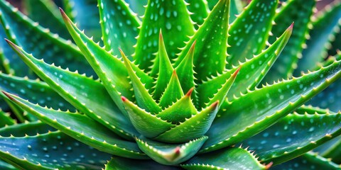 A close-up of a vibrant aloe vera plant with pointy green leaves , succulent, skincare, healing, natural