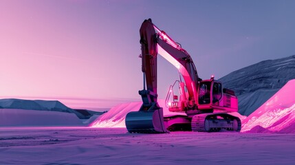 Neon-lit mining landscape, futuristic excavator at work, vibrant colors, intricate machinery, night scene, surreal and captivating