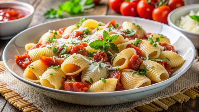 Delicious homemade pasta conchiglie with rich tomato sauce and grated parmesan cheese served in a clean white ceramic dish.