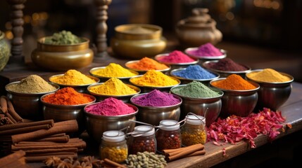 Fototapeta premium a tray of spices including sauteed spices and a flower.