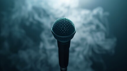 Smoky stage with microphone, dramatic lighting highlighting the mic, moody and atmospheric, ready for performance, intense focus