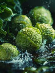 Obraz premium Fresh Green Cabbage Splashed with Water Droplets in Close-Up