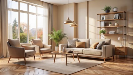 Cozy beige room with modern furniture including a chair and sofa, interior design, cozy, modern, furniture, room