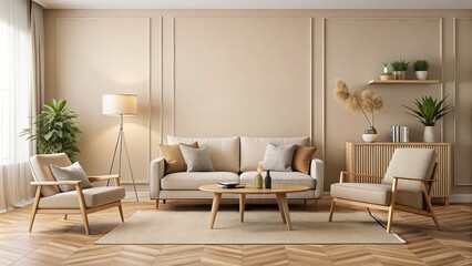 Neutral beige interior with a cozy sofa and chair in a room, room, beige, interior, sofa, chair, home decor, cozy