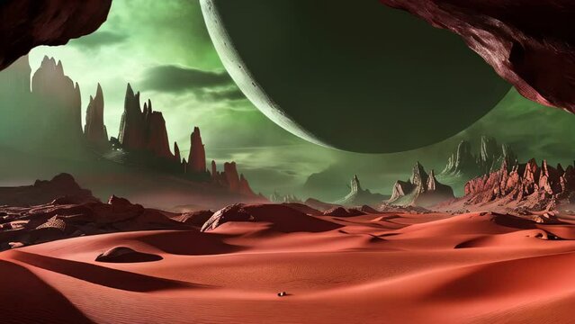 Fantastic martian landscape in rusty orange shades, Mars surface, Desert, Cliffs, sand. Alien landscape. Red planet mars. High quality 4k footage