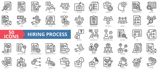 Hiring process icon collection set. Containing application, resume, interview, candidate, job posting, qualification, experience icon. Simple line vector.