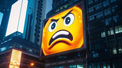 Angry Emoji on a Digital Billboard in a City for Urban Advertising Campaigns