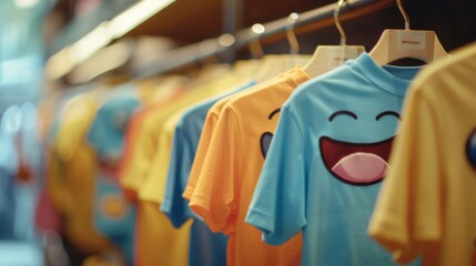 Obraz premium Colorful Emoji T-Shirts on Hangers in a Store - Perfect for Retail and Online Shops