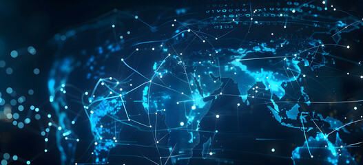 Abstract digital world map, concept of global network and connectivity, artificial general intelligence, high speed data transfer and cyber technology, information exchange and telecommunication